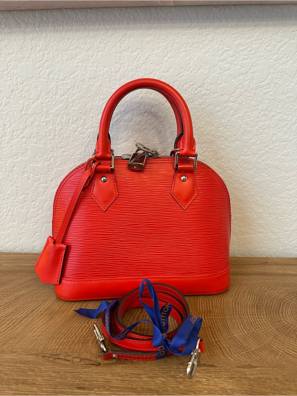 Louis Vuitton Red Epi Alma BB Satchel with Matching Strap & Silver Hardware